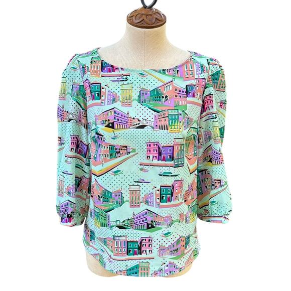 Pink Owl Vibrant Colorful City Scene 3/4 Sleeve Top Woman's Small - Picture 1 of 8